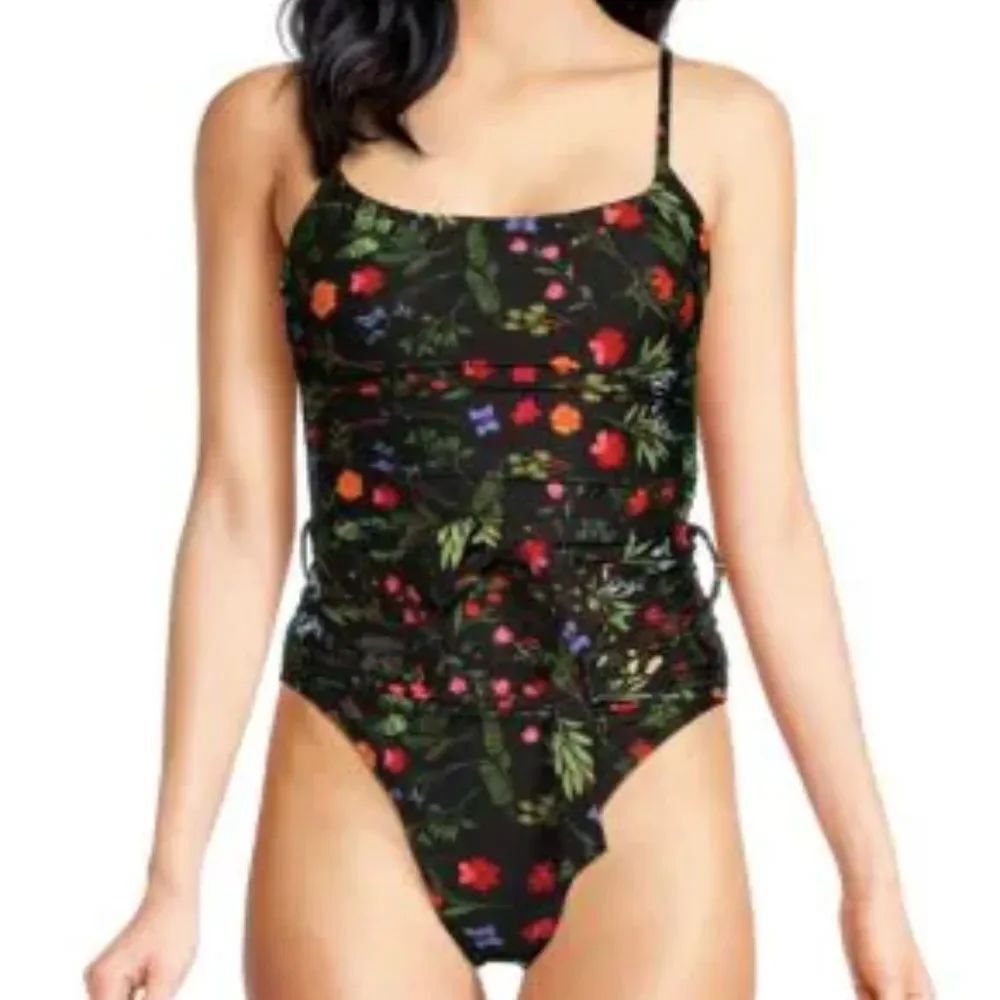 NEW Hutch Anthropologie Zenna Black Garden Floral Ruched One Piece Swimsuit Sz M